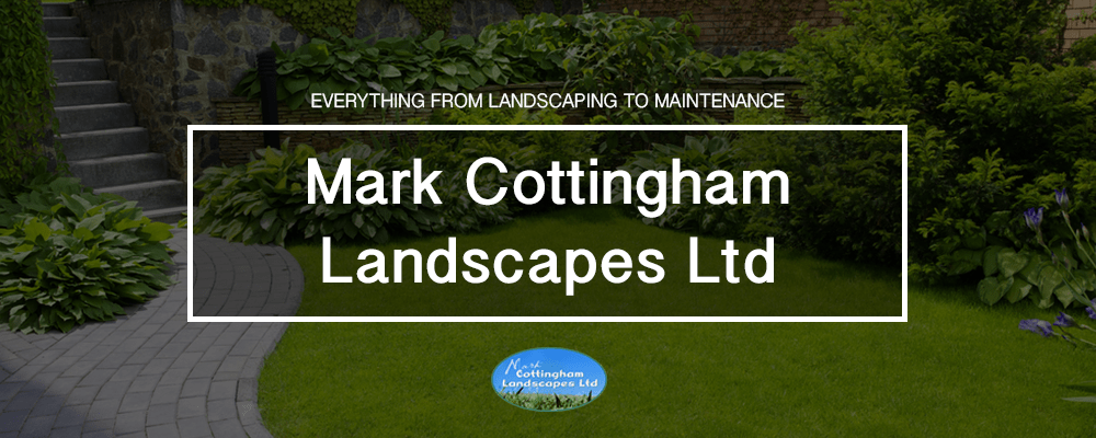 Banner with text saying Mark Cottingham Landscapes on top of an images of grass, paving and plants